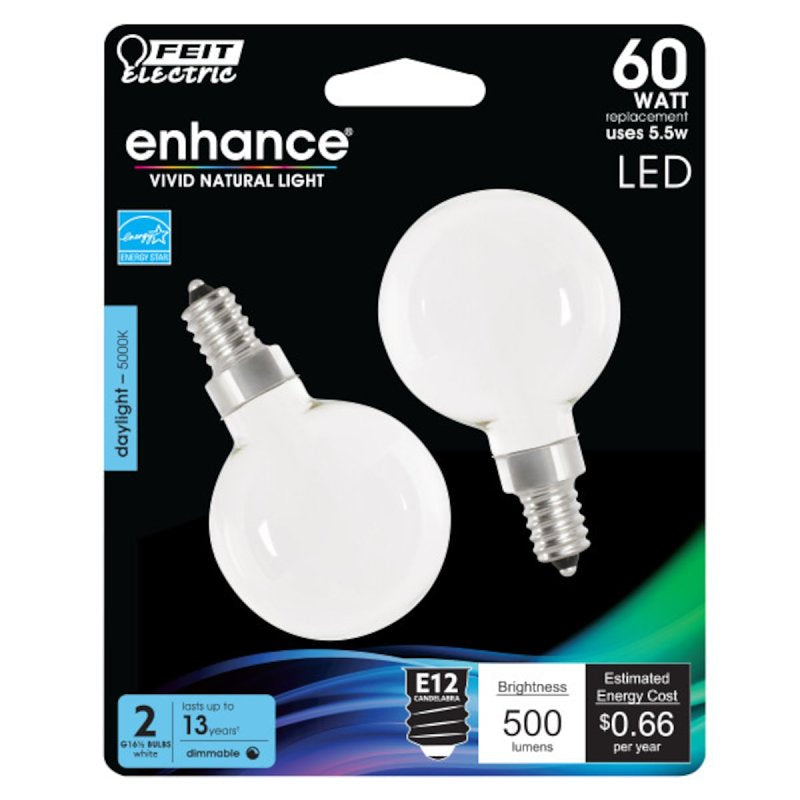 Feit Electric BPG1660W950CAFIL2 Globe LED Bulb, Globe, G16 Lamp, 60 W Equivalent, E12 Lamp Base, Dimmable, Pack of 6