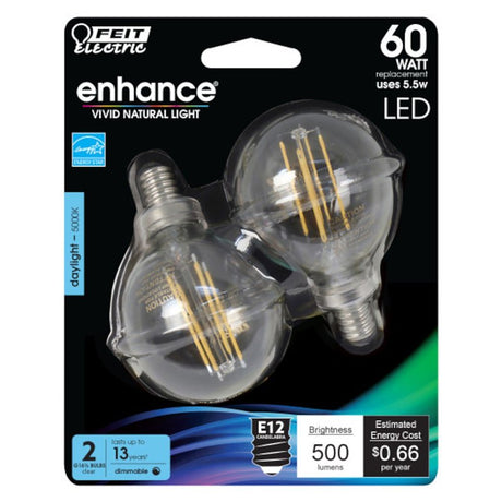 Feit Electric BPG1660950CAFIL/2 Globe LED Bulb, Globe, G16 Lamp, E12 Lamp Base, Dimmable, 5000 K Color Temp, Pack of 6