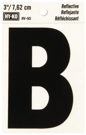 Hy-Ko RV-50/B Reflective Letter, 2-1/2 in W x 4 in H Dimensions, Character: B, 3 in H Character, Black Character, Vinyl, Pack of 10