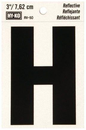 Hy-Ko RV-50/H Reflective Letter, 2-1/2 in W x 4 in H Dimensions, Character: H, 3 in H Character, Black Character, Vinyl, Pack of 10