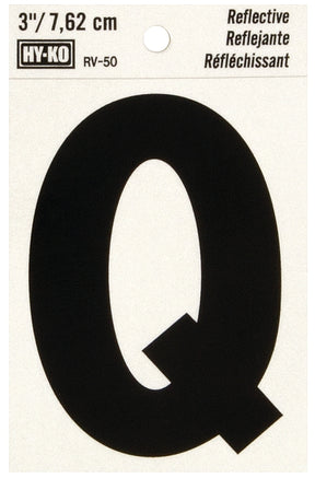 Hy-Ko RV-50/Q Reflective Letter, 2-1/2 in W x 4 in H Dimensions, Character: Q, 3 in H Character, Black Character, Vinyl, Pack of 10