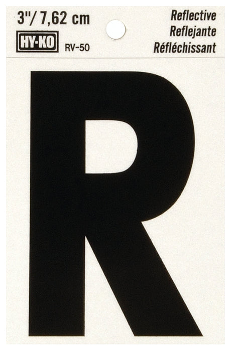 Hy-Ko RV-50/R Reflective Letter, 2-1/2 in W x 4 in H Dimensions, Character: R, 3 in H Character, Black Character, Vinyl, Pack of 10