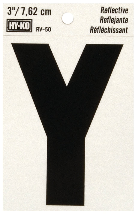 Hy-Ko RV-50/Y Reflective Letter, 2-1/2 in W x 4 in H Dimensions, Character: Y, 3 in H Character, Black Character, Vinyl, Pack of 10