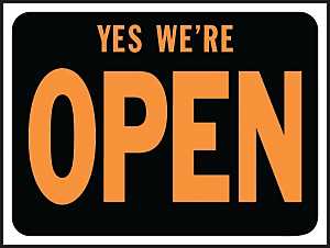 Hy-Ko Hy-Glo Series 3020 Identification Sign, 8-1/2 x 12 in Dimensions, Rectangular, YES WE'RE OPEN, Black Background, Pack of 10