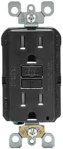 Leviton R95-GFTR1-0KE GFCI Duplex Receptacle, Polycarbonate, Black, 2-Pole, 15 A, 125 V, Back, Side Wiring
