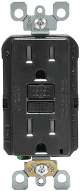 Leviton R95-GFTR1-0KE GFCI Duplex Receptacle, Polycarbonate, Black, 2-Pole, 15 A, 125 V, Back, Side Wiring