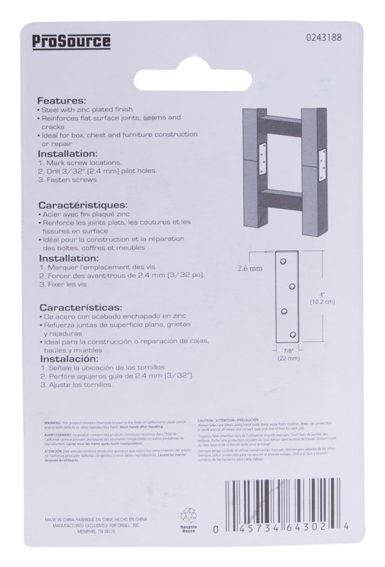ProSource MP-Z04-C4PS Mending Plate, 4 in L, 7/8 in W, Steel, Screw Mounting