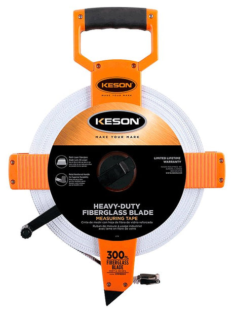 Keson OTR18300 Tape Measure, 300 ft L Blade, 1/2 in W Blade, Fiberglass Blade, ABS Case, Pumpkin Case