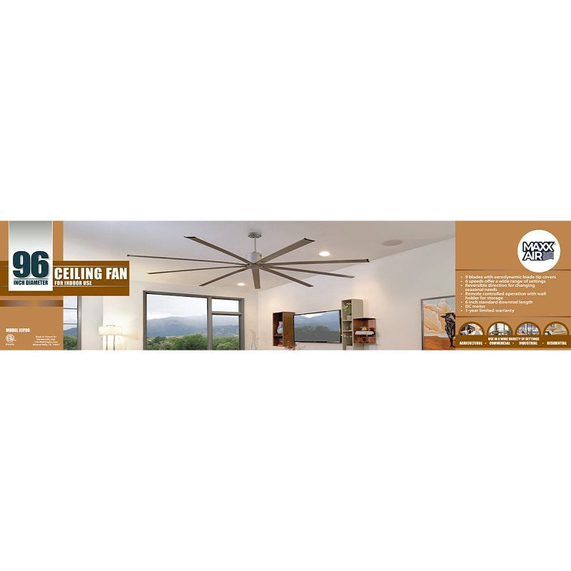 Big Air ICF96WLORB Ceiling Fan, 110 V, 6-Speed, 13,000 cfm Air