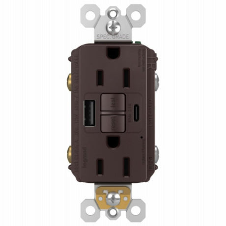 Legrand radiant 1597TRUSBACDBC4 Self-Test GFCI USB Outlet, 2-Pole, 15/2.1 A, 125 VAC, 1-Gang, 2-USB Port