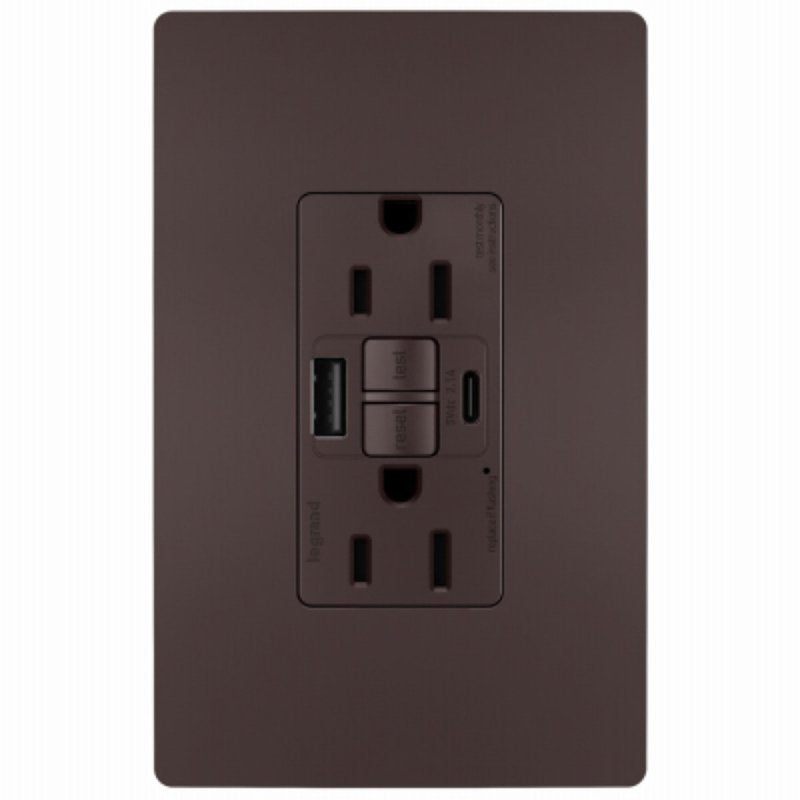 Legrand radiant 1597TRUSBACDBC4 Self-Test GFCI USB Outlet, 2-Pole, 15/2.1 A, 125 VAC, 1-Gang, 2-USB Port