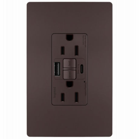 Legrand radiant 1597TRUSBACDBC4 Self-Test GFCI USB Outlet, 2-Pole, 15/2.1 A, 125 VAC, 1-Gang, 2-USB Port