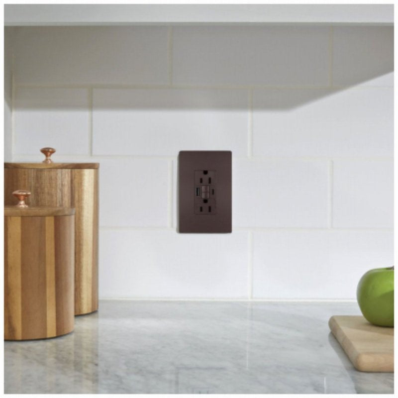 Legrand radiant 1597TRUSBACDBC4 Self-Test GFCI USB Outlet, 2-Pole, 15/2.1 A, 125 VAC, 1-Gang, 2-USB Port