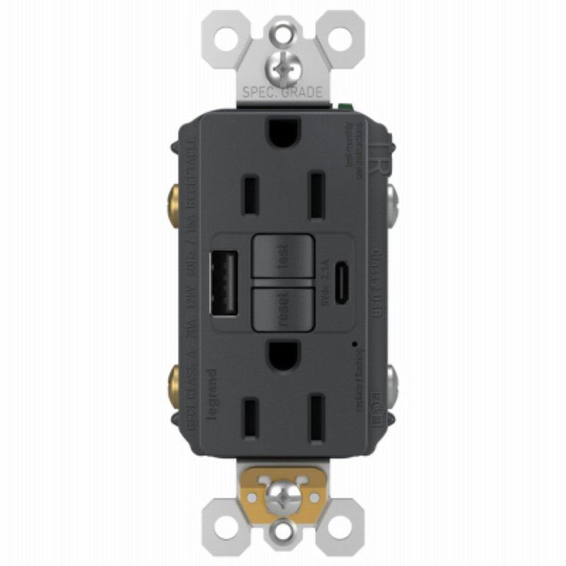 Legrand radiant 1597TRUSBACGC4 Self-Test GFCI USB Outlet, 2-Pole, 15/2.1 A, 125 VAC, 1-Gang, 2-USB Port, Graphite
