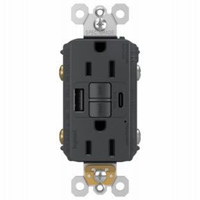 Legrand radiant 1597TRUSBACGC4 Self-Test GFCI USB Outlet, 2-Pole, 15/2.1 A, 125 VAC, 1-Gang, 2-USB Port, Graphite
