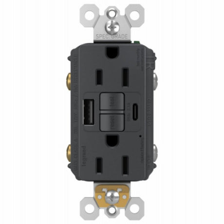 Legrand radiant 1597TRUSBACGC4 Self-Test GFCI USB Outlet, 2-Pole, 15/2.1 A, 125 VAC, 1-Gang, 2-USB Port, Graphite