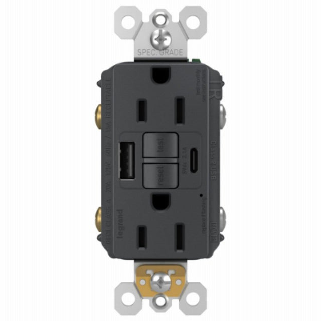 Legrand radiant 1597TRUSBACGC4 Self-Test GFCI USB Outlet, 2-Pole, 15/2.1 A, 125 VAC, 1-Gang, 2-USB Port, Graphite