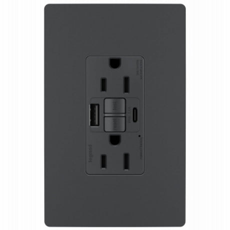 Legrand radiant 1597TRUSBACGC4 Self-Test GFCI USB Outlet, 2-Pole, 15/2.1 A, 125 VAC, 1-Gang, 2-USB Port, Graphite