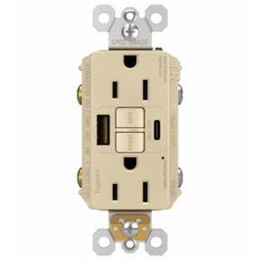 Legrand radiant 1597TRUSBACI Self-Test GFCI USB Outlet, 2-Pole, 15/2.1 A, 125 VAC, 1-Gang, 2-USB Port, Type A/A USB