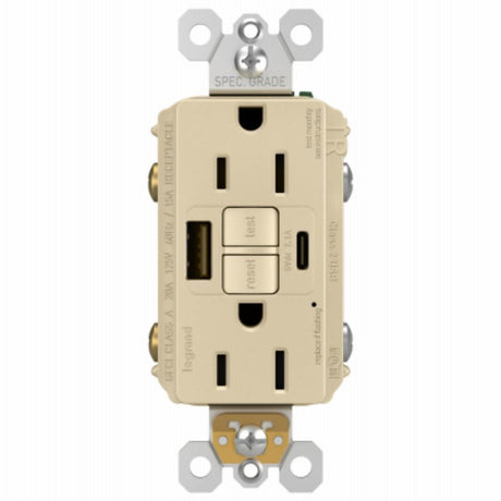 Legrand radiant 1597TRUSBACI Self-Test GFCI USB Outlet, 2-Pole, 15/2.1 A, 125 VAC, 1-Gang, 2-USB Port, Type A/A USB