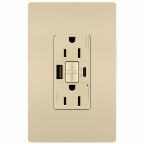 Legrand radiant 1597TRUSBACI Self-Test GFCI USB Outlet, 2-Pole, 15/2.1 A, 125 VAC, 1-Gang, 2-USB Port, Type A/A USB