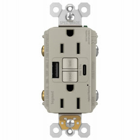 Legrand radiant 1597TRUSBACNIC4 GFCI Receptacle, 15 A, 125 V, 1-Gang, 2-USB Port, USB-A, USB-C USB, Nickel