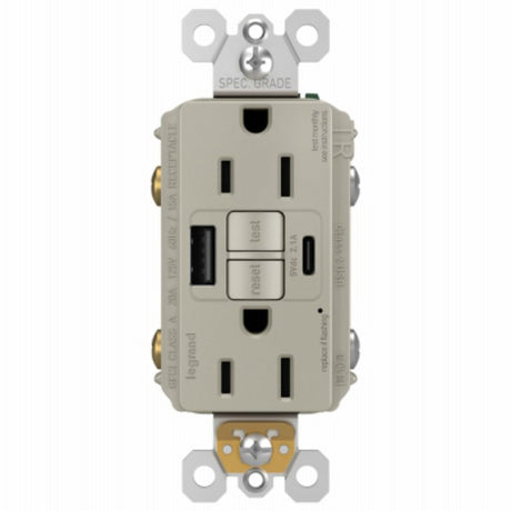Legrand radiant 1597TRUSBACNIC4 GFCI Receptacle, 15 A, 125 V, 1-Gang, 2-USB Port, USB-A, USB-C USB, Nickel