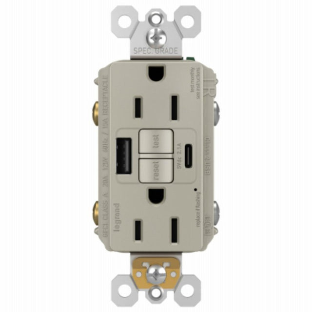Legrand radiant 1597TRUSBACNIC4 GFCI Receptacle, 15 A, 125 V, 1-Gang, 2-USB Port, USB-A, USB-C USB, Nickel