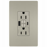 Legrand radiant 1597TRUSBACNIC4 GFCI Receptacle, 15 A, 125 V, 1-Gang, 2-USB Port, USB-A, USB-C USB, Nickel