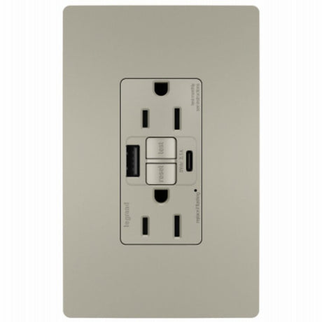 Legrand radiant 1597TRUSBACNIC4 GFCI Receptacle, 15 A, 125 V, 1-Gang, 2-USB Port, USB-A, USB-C USB, Nickel