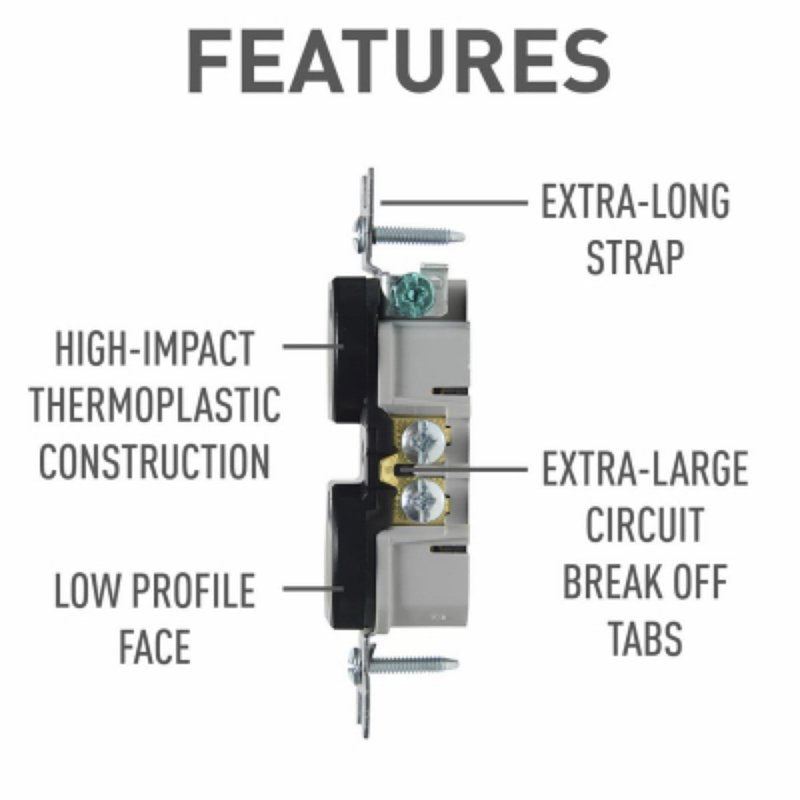 Legrand TradeMaster 3232TRBK Duplex Receptacle, 2 -Pole, 15 A, 125 V, Push, Side Wiring, NEMA: 5-15R, Black