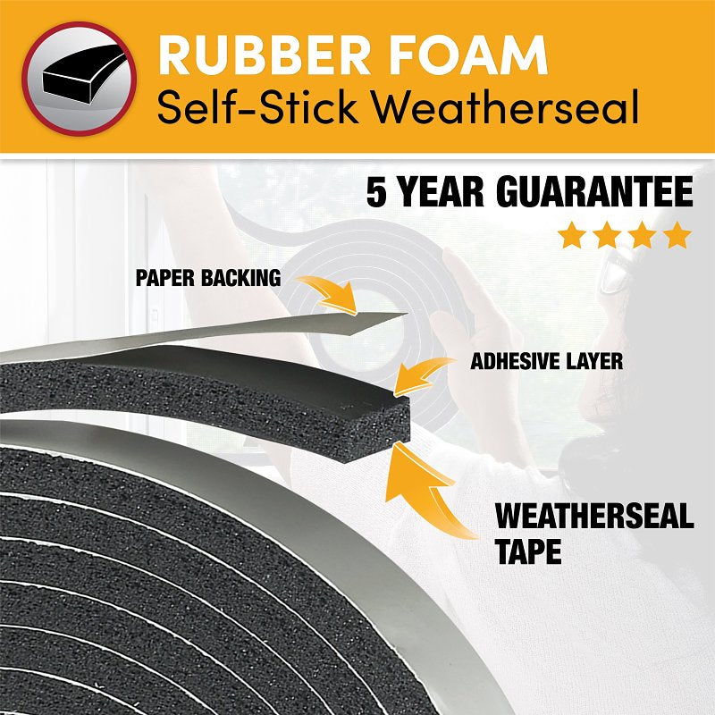 Frost King R511H Weatherseal Tape, 1 in W, 10 ft L, 5/16 in Thick, Rubber Foam, Black