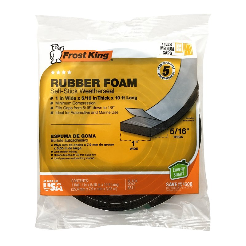 Frost King R511H Weatherseal Tape, 1 in W, 10 ft L, 5/16 in Thick, Rubber Foam, Black
