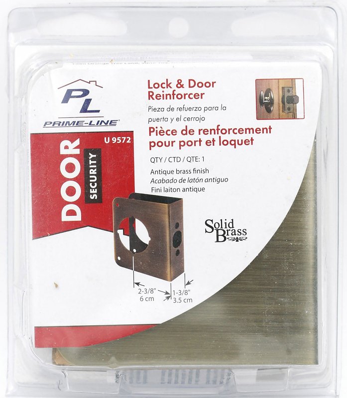 Prime-Line U 9572 Lock and Door Reinforcer, 2-3/8 in Backset, 1-3/8 in Thick Door, Brass, Antique Brass, 4-1/2 in H