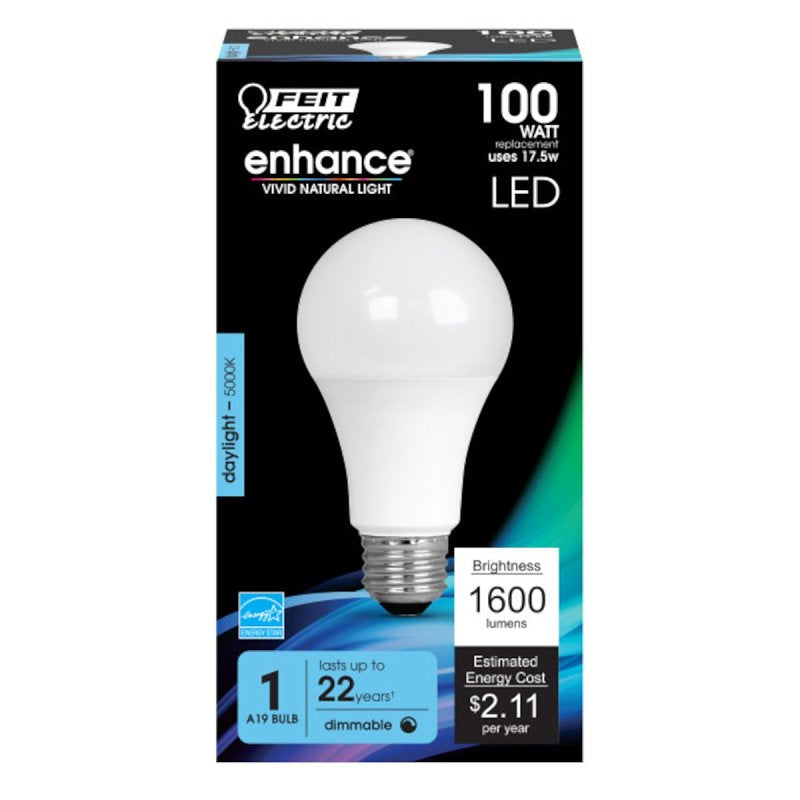 Feit Electric OM100DM General-Purpose LED Bulb, A19 Lamp, 100 W Equivalent, E26 Medium Lamp Base, Dimmable, Daylight
