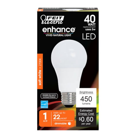 Feit Electric OM40DM/927CA LED Lamp, General-Purpose, A19 Lamp, 40 W Equivalent, E26 Lamp Base, Dimmable