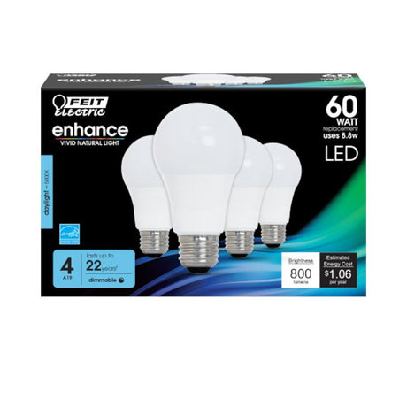 Feit Electric OM60DM/950CA/4 LED Lamp, General-Purpose, A19 Lamp, 60 W Equivalent, E26 Lamp Base, Dimmable