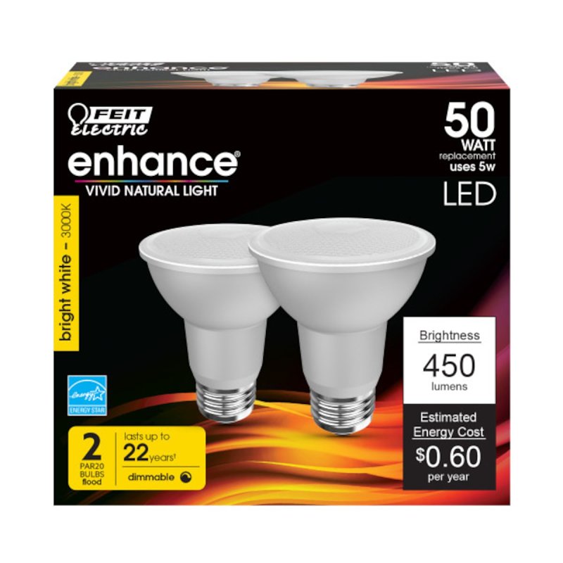 Feit Electric PAR20DM/930CA/2 LED Lamp, Flood/Spotlight, PAR20 Lamp, 50 W Equivalent, E26 Lamp Base, Dimmable