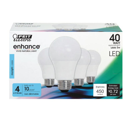 Feit Electric OM40/950CA10K/4 LED Bulb, General-Purpose, A19 Lamp, 40 W Equivalent, E26 Lamp Base, Daylight Light