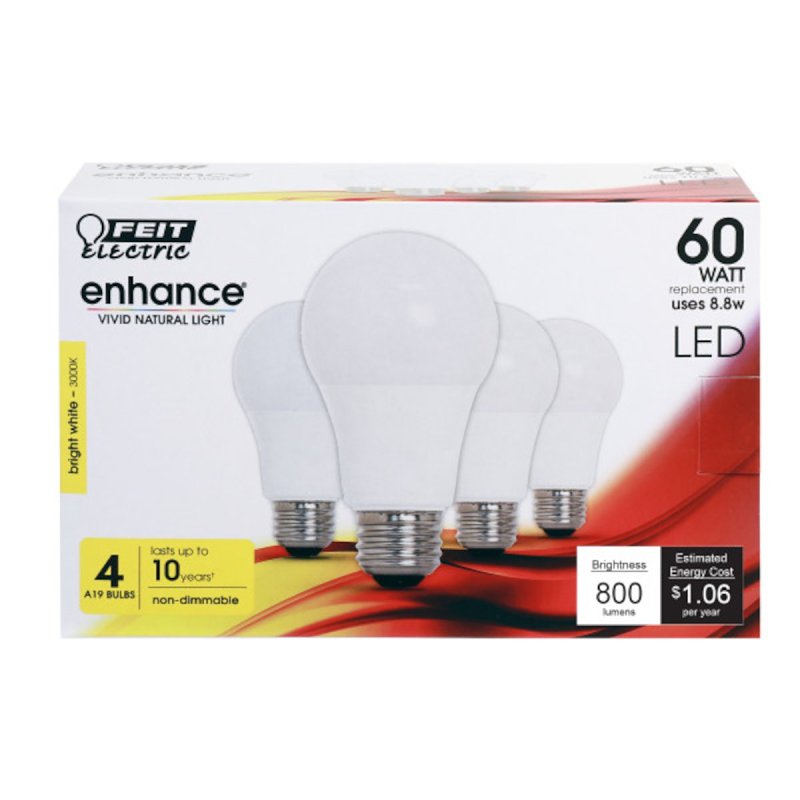 Feit Electric OM60/930CA10K/4 LED Bulb, General-Purpose, A19 Lamp, 60 W Equivalent, E26 Lamp Base, Bright White Light