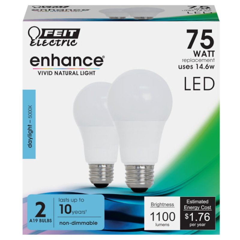Feit Electric OM75/950CA10K/2 LED Bulb, General-Purpose, A19 Lamp, 75 W Equivalent, E26 Lamp Base, White, Daylight Light