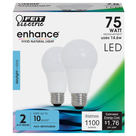 Feit Electric OM75/950CA10K/2 LED Bulb, General-Purpose, A19 Lamp, 75 W Equivalent, E26 Lamp Base, White, Daylight Light