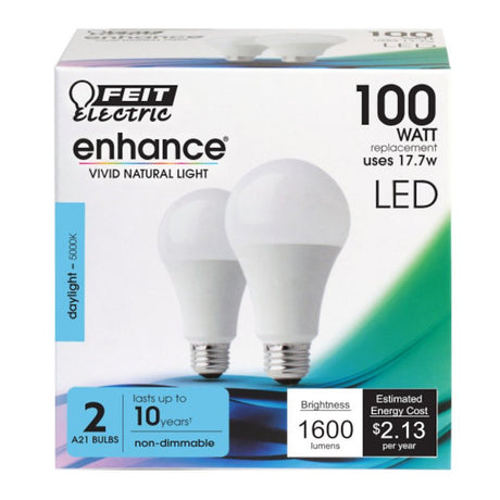 Feit Electric OM100/950CA10K/2 LED Bulb, General-Purpose, A21 Lamp, 100 W Equivalent, E26 Lamp Base, Daylight Light