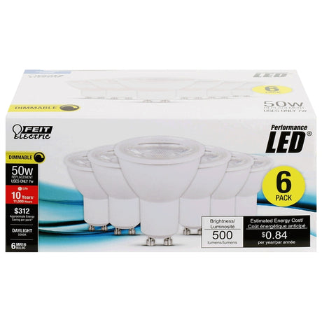Feit Electric MR16GU105005K10KLED6 LED Bulb, Track/Recessed, 500 Lumens, 7 W, MR16 Lamp, 50 W Equivalent, GU10 Lamp Base