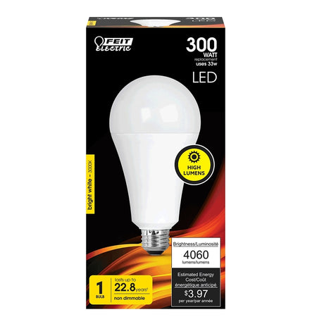 Feit Electric OM300/830/LED LED Bulb, General-Purpose, A23 Lamp, 300 W Equivalent, E26 Medium Lamp Base, Non-Dimmable