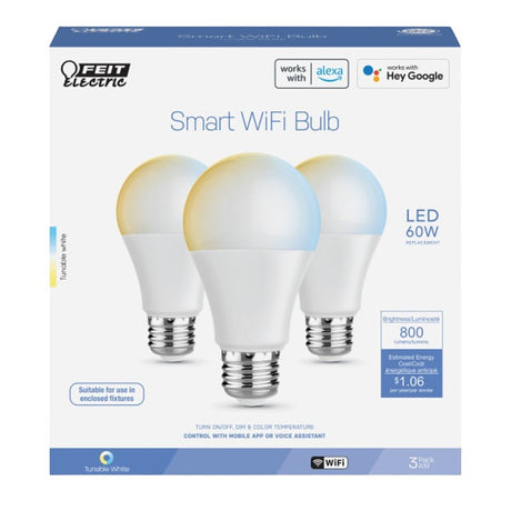Feit Electric OM60/CCT/CA/AG/3 Smart Wi-Fi Light Bulb, 8.8 W, Wi-Fi Connectivity: Yes, App Control, Tunable White