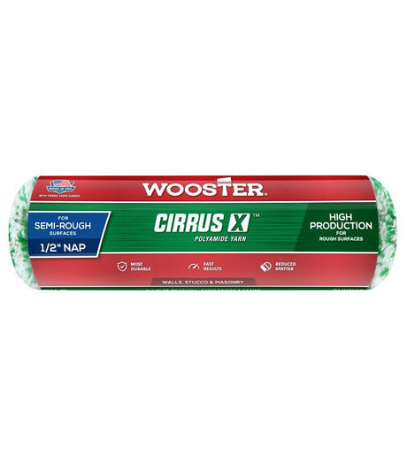 Wooster Cirrus X Series R184-9 Roller Cover, 1/2 in Thick Nap, 9 in L, Polyamide Yarn Fabric/Polypropylene Cover