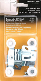 Prime-Line N 6503 Roller Assembly, 7/8 in Dia Roller, 1/4 in W Roller, Nylon, Silver, 2-Roller, 60 lb, Side Mounting
