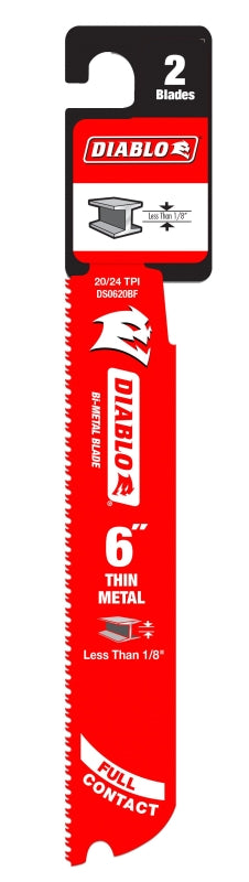 Diablo DS0620BF2 Series Reciprocating Saw Blade, Applicable Materials: Metal, 6 in L, 20/24 TPI, 2/PK