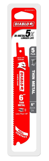 Diablo DS0620BF5 Series Reciprocating Saw Blade, Applicable Materials: Metal, 6 in L, 20/24 TPI, 5/PK